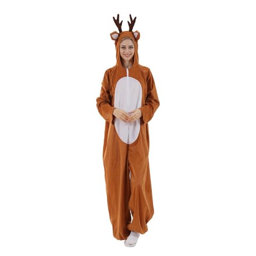 Cexiakong Weihnachtself Jumpsuit Rentier Kostüm für Damen ElfenKostüm Unisex Hirsch Tier Onesie Party Overall Unisex Rentier Kostüm All in One mit Kapuze Weihnachten kleidung von Cexiakong