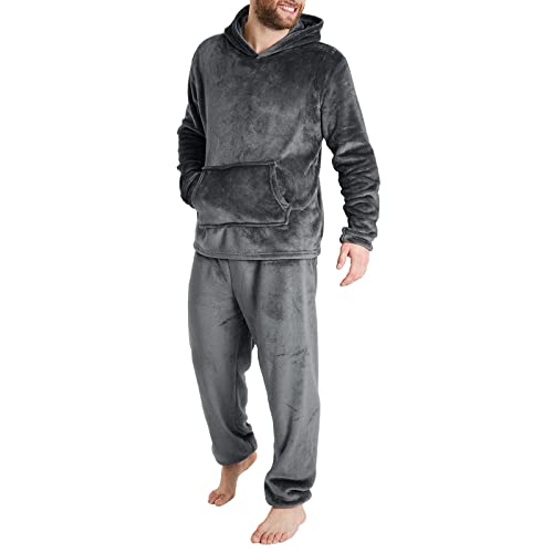 Herren Dicker Pyjama Lang Herren Schlafanzug Fleece Hoodie und Schlafhose Set Pyjama Herren und Teenager Jungen Schlafanzug Flanell-Kuschelanzug Flauschig 2 Teilig Teddy Fleece Trainingsanzug Weich von Cexiakong