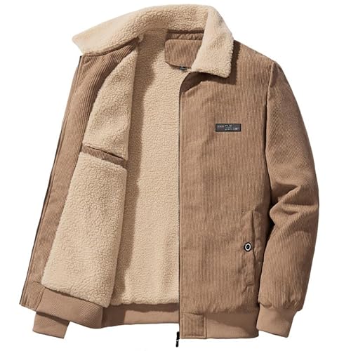 Herren Gefütterte Cordjacke Warm Herbstjacke Bequeme Übergangsjacke Cargo Solide Jacke Wollmantel mit Teddyfell-Kragen Winter von Cexiakong