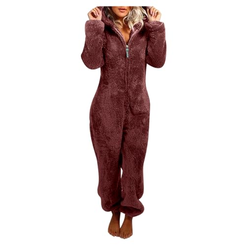 Jumpsuit Damen Kuschelig Einteiler Overall Lange Warm Schlafanzug Teddy Fleece Schlafoverall Winter Flauschig Onesie Einfarbig Plüsch Hausanzug mit Kapuze Pyjama Anzug Ganzkörperanzug Schönes von Cexiakong