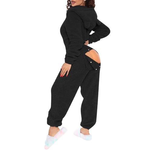Jumpsuit Damen Kuschelig Einteiler Overall Lange Warm Schlafanzug Teddy Fleece Schlafoverall Winter Flauschig Onesie Einfarbig Plüsch Hausanzug mit Kapuze Pyjama Anzug Ganzkörperanzug Schönes von Cexiakong