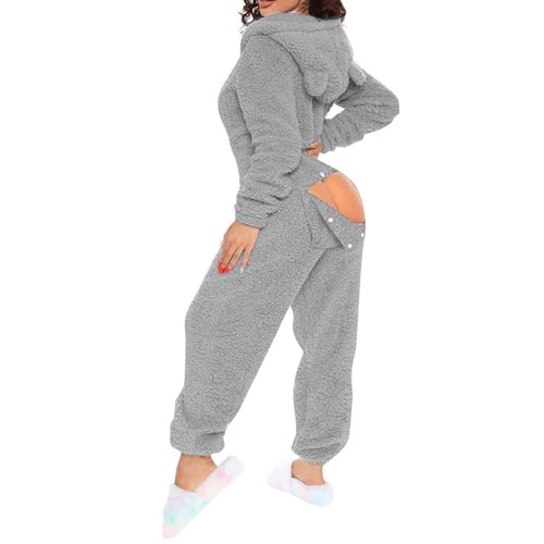 Jumpsuit Damen Kuschelig Einteiler Overall Lange Warm Schlafanzug Teddy Fleece Schlafoverall Winter Flauschig Onesie Einfarbig Plüsch Hausanzug mit Kapuze Pyjama Anzug Ganzkörperanzug Schönes von Cexiakong
