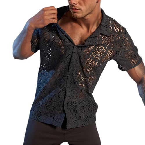 Untershirt Herren Netz Oberteil Sommer Spitzehemd Fishnet Oberteil Atmungsaktiv Party Shirt Kurzarm Festival Outfit Hawaii Freizeithemd Durchsichtiges Netzshirts von Cexiakong