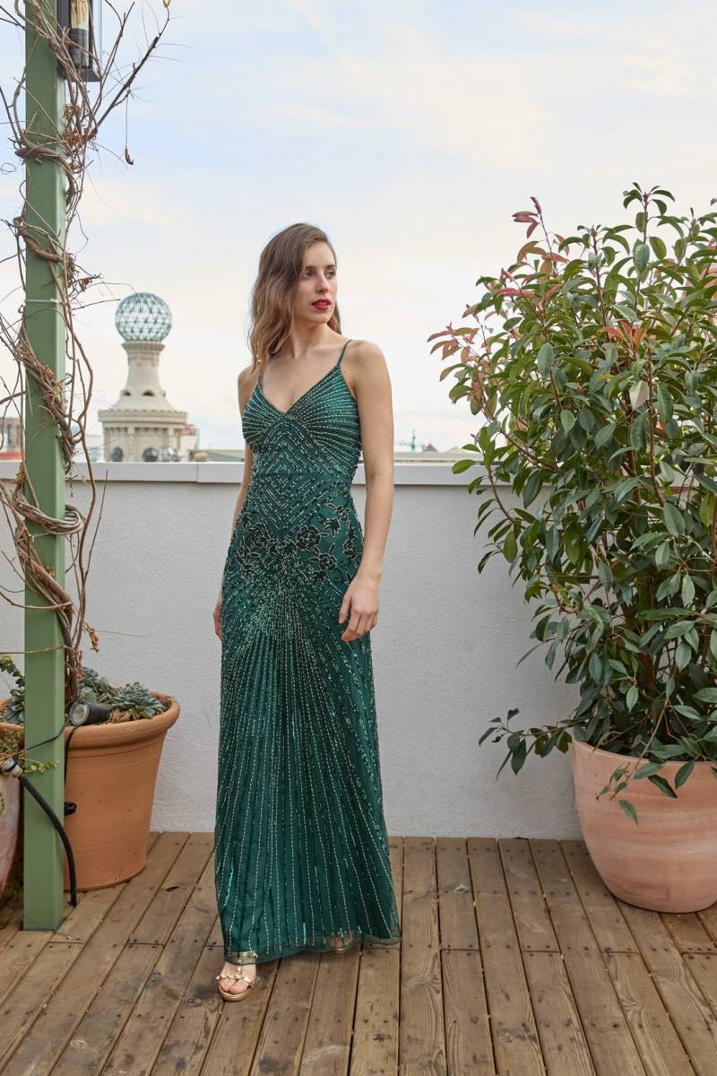 Perlen Grün Abendkleid V-Ausschnitt Strass Langes Kleid von CeylanBCN