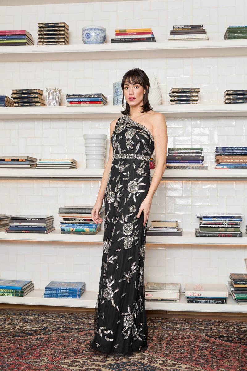 Eine Schulter Pailletten Abendkleid Schwarz Floral Silber Verschönerung von CeylanBCN