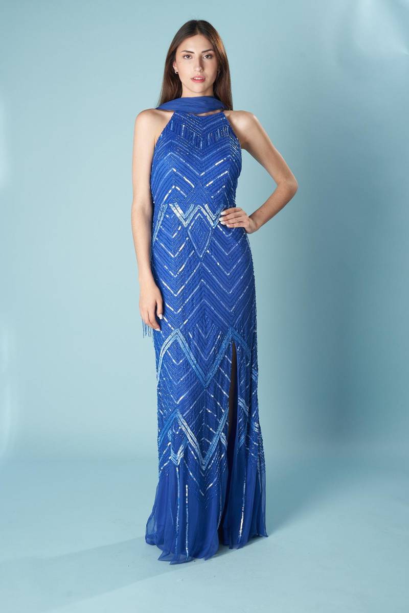 Pailletten-Print-Kleid Langes Tailliertes Kleid Mit Beinschlitz von CeylanBCN