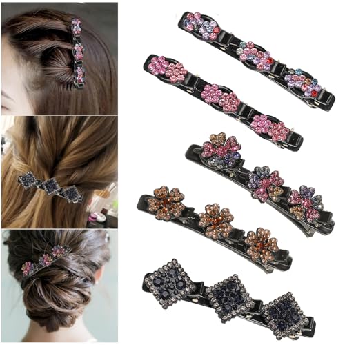 Kolibri Haarspange mit Kristallblume 5 stück Geflochtene Haarspange mit Strasssteinen für Damen Frauen Mädchen Satin Stoff Haarspangen Entenschnabel Haarclips Doppelschicht Haarklammer von Cezlstesy