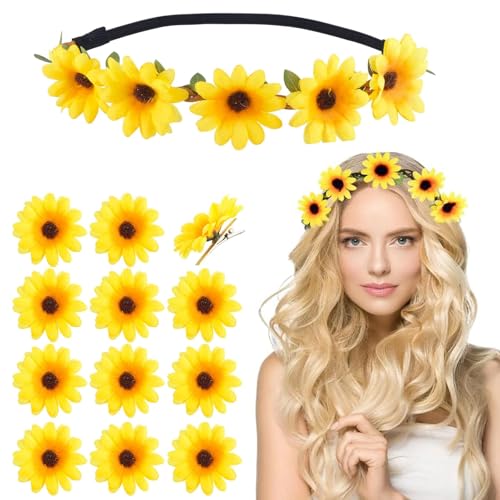 Cfcyhla Blumen Haarband Sonnenblumen Stirnband mit 12 Haarspangen Gänsenblümchen Haarschmuck Gelb Haarreif Blumenkranz Damen Mädchen Strand Hochzeit Reise Karneval Party Kopfschmuck von Cfcyhla
