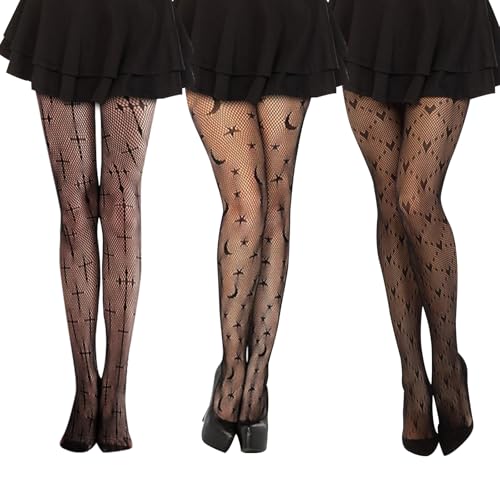 3 Paar Halloween Netzstrumpfhose Schwarz Halloween Strumpfhose Damen Muster Fishnet Stockings Fischnetz Strumpfhose Women Nylon Tights Pattern Elastic High Waist for Halloween Kostüm Accessoires von ChAusa