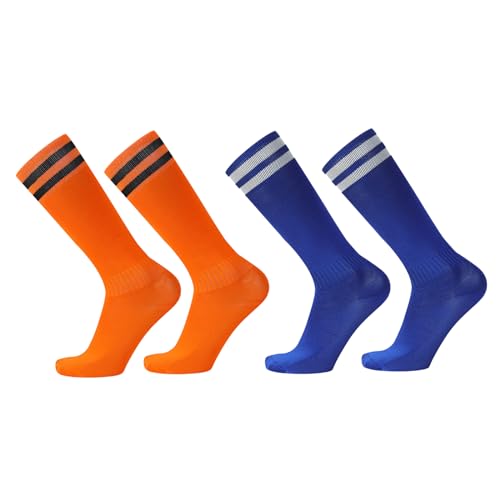 ChAusa 2 Paar Fußballsocken Kinder, Bequeme Dünne Sportsocken, Atmungsaktive Stylische Elastische Strümpfe, Trainings Fußballsocken, für Jungen und Mädchen von 7-12 Jahren (Orange und Blau) von ChAusa