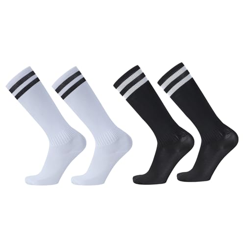 ChAusa 2 Paar Fußballsocken Kinder, Bequeme Dünne Sportsocken, Atmungsaktive Stylische Elastische Strümpfe, Trainings Fußballsocken, für Jungen und Mädchen von 7-12 Jahren (Schwarz und Weiß) von ChAusa