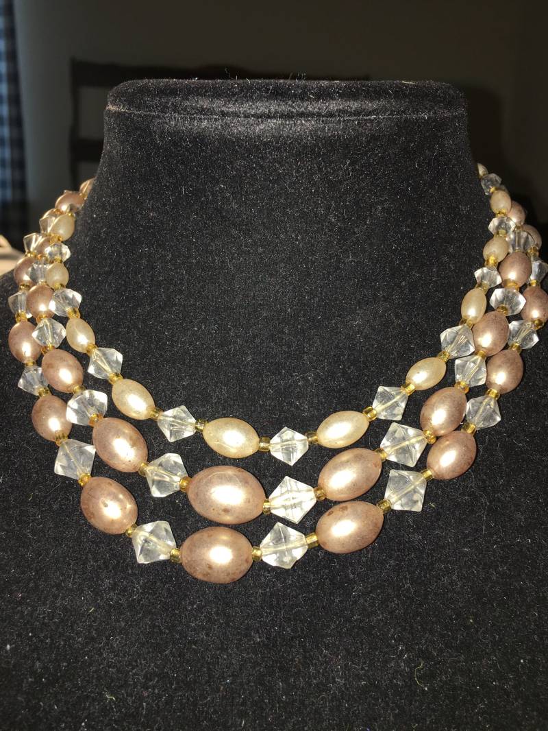 Vintage Triple Strang Matt Gold Graduierte Perlen Mit Klaren Kristallen, Signiert Japan - Restring Benötigt ++ von ChaDavidVintage