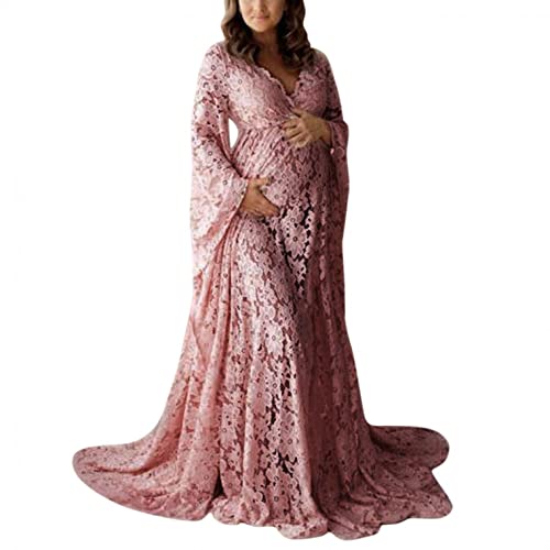 Chaconka Schwangerschaftskleid Shooting Foto V-Ausschnitt Ausgestellte Ärmel Spitze Transparent Schwangerschaftskleid Boho Maxi Schwanz-Kleid mit geteiltem Schwanz lockerer Größe, Rosa, Medium von Chaconka