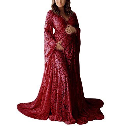 Chaconka Schwangerschaftskleid Shooting Foto V-Ausschnitt Ausgestellte Ärmel Spitze Transparent Schwangerschaftskleid Boho Maxi Schwanz-Kleid mit geteiltem Schwanz lockerer Größe, rot, Medium von Chaconka
