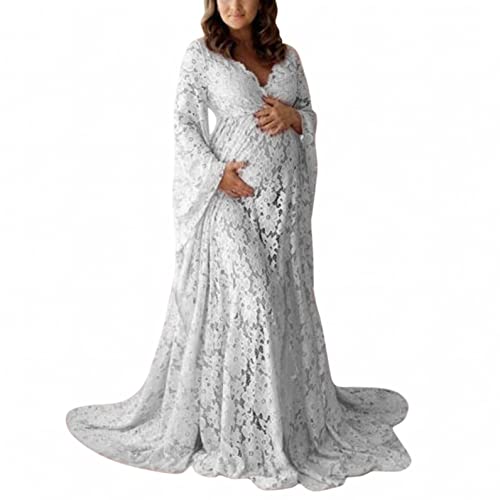 Chaconka Schwangerschaftskleid Shooting Foto V-Ausschnitt Ausgestellte Ärmel Spitze Transparent Schwangerschaftskleid Boho Maxi Schwanz-Kleid mit geteiltem Schwanz lockerer Größe, weiß, Large von Chaconka