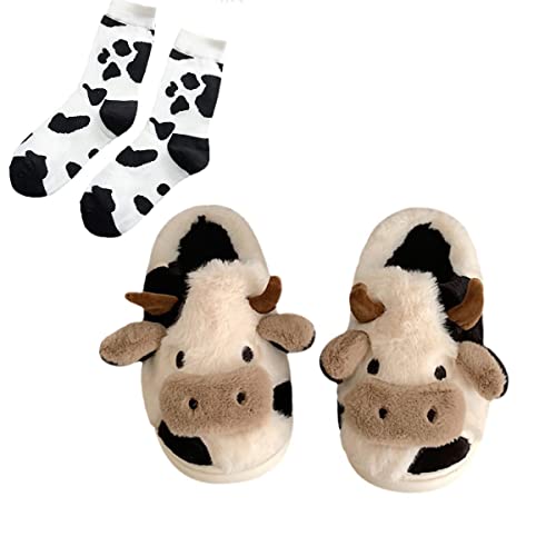 Kawaii Fuzzy Cow Slippers, Women's Kawaii Animal Cow Slippers, Winter Warm Cotton Cute Animal House Shoes for Girls (38-39) von Chagoo