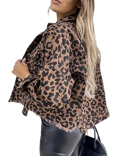 Chahuer Damen Jeansjacke Mit Leopardenmuster Herbst Winter Straße Trendiger Lockerer DenimMantel Farbe1 S von Chahuer
