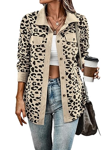 Chahuer Damenmode Leopardenmuster Cordjacke Herbst Winter Mittlerer Langer Abschnitt Einreihiges Design Langarmmantel Aprikose L von Chahuer