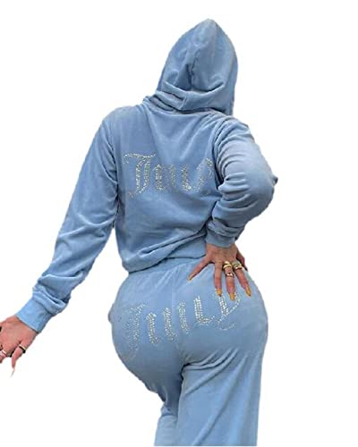 Chahuer Damenmode Samt Buchstabe Strass Trainingsanzug SetFull Zipper BM Hoodies & Jogger Hosen Zweiteiliges Set blau L von Chahuer