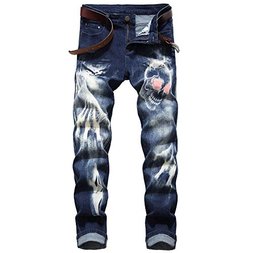 Chahuer Herren Jeans Totenkopf Print Mode Personalisierte 3D Muster Print Slim Jeans Halloween Jeans Dunkelblau S von Chahuer