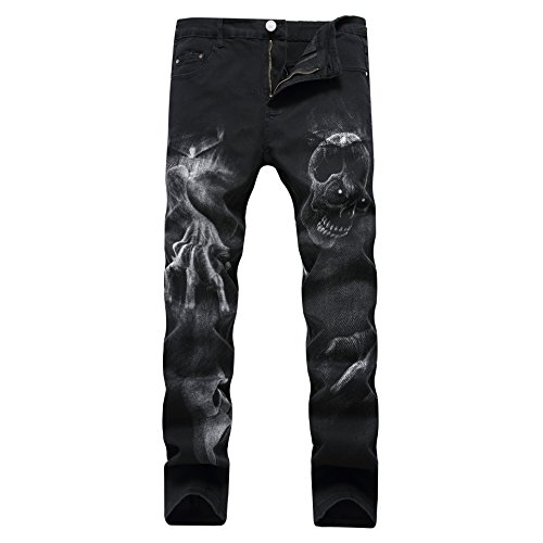 Chahuer Herren Jeans Totenkopf Print Mode Personalisierte 3D Muster Print Slim Jeans Halloween Jeans Schwarz 4XL von Chahuer