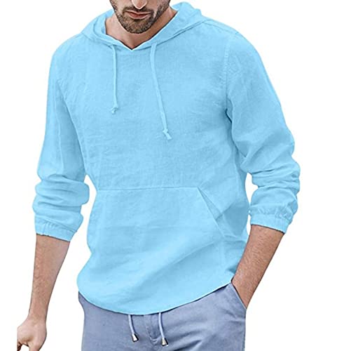 Chahuer Herren Leinen Hoodies Tshirt Herbst Neue Lässige Reine Farbe Langarm Mit Kapuze Sweatshirt Tshirts Hellblau XXL von Chahuer