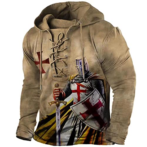 Chahuer Herren Outdoor Tactical Sweatshirt Medieval Retro Knights Print Laceup Hoodie Farbe1 XL von Chahuer