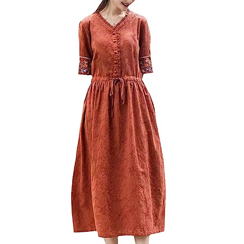 Damen Jacquard Bestickt VAusschnitt Leinen Kleid Chinese Stil Vintage Lose Baumwolle Leinen Kleid orange -rot M von Chahuer