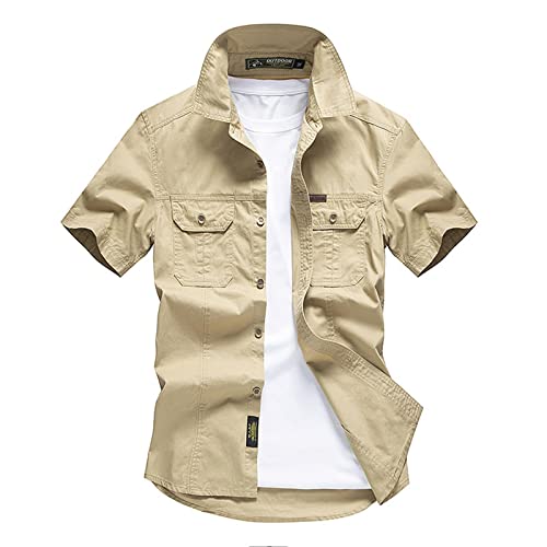 Herren Einfarbige Baumwollhemden Sommer Mode Einfache Kurzarm Arbeitshemd Reverstasche Freizeithemden Khaki L von Chahuer