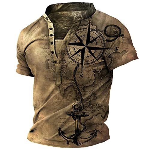 Herrenmode Sport Hip Hop Henley Tshirt Retro Weltkarte Kompass Print Lose Kurzarm Tshirts Farbe1 M von Chahuer