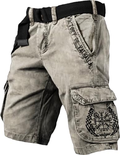 ChahuerOu Herren Outdoor Sport Taktische ShortsRetro Viking Druck Multitasche Cargo Shorts (ohne Gürtel) L von ChahuerOu