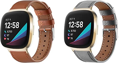 Chainfo Schnellverschluß Uhrenarmbänder kompatibel mit Fitbit Sense/Versa 3, Vintage Leder Armband Ersatband für Herren Damen NO230319 (H [Pack of 2]) von Chainfo