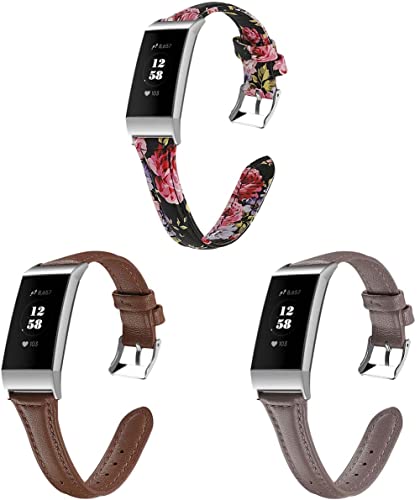 Chainfo echt Leder Uhrenarmband kompatibel mit Fitbit Charge 4 / Charge 3 SE/Charge 3 / Charge 3 Special Edition, Armband gepolstert Kalbsleder Gurt Edelstahl Schnalle (3-Pack G) von Chainfo