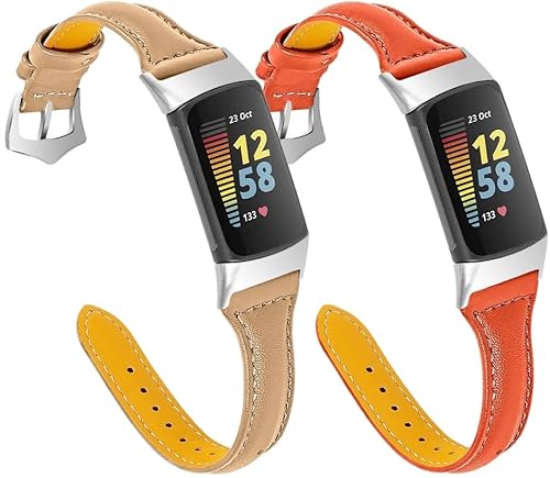 kompatibel mit Fitbit Charge 5 Echtes Leder Uhrenarmband Kalbsleder Strap Ersatz (2-Pack G) von Chainfo