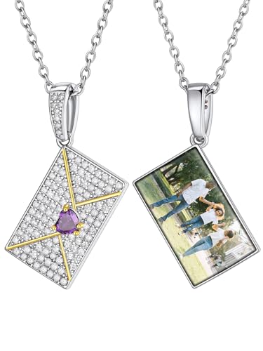 ChainsHouse Damen Fotokette mit Briefumschlag Anhänger Medaillon mit Bilder Umschlagkette Halskette mit Geburtsstein Memorial Kette CZ Anhänger Envelope Necklace Schmuck für Ehefrau von ChainsHouse