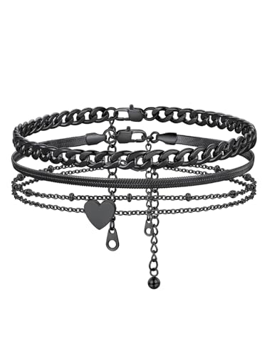 ChainsHouse Damen Fußkettchen Edelstahl Fußkette Set Schlangekette Panzerkette Perlenkette mit Herz Fußketten für Damen Fußketten 3 Stück Verstellbar Fußkettchen Set Schwarz Fußschmuck für Mama von ChainsHouse