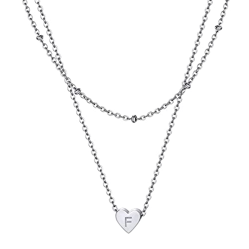 ChainsHouse damen halskette, Edelstahl Buchstabe F Kette mit herzanhänger, Doppelte Kette, Layering Kette für Geburtstag Valentinstag von ChainsHouse