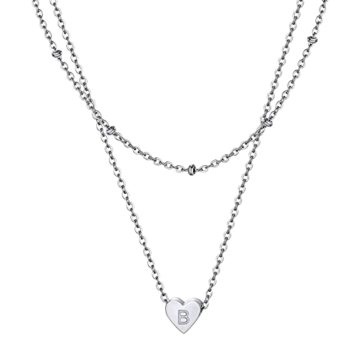 ChainsHouse Damen Kette, Buchstabe B Kette mit Herz Anhänger, Layering Halskette für Damen Frauen, Doppelte Kette mit Alphabet für Geburtstag Valentinstag von ChainsHouse