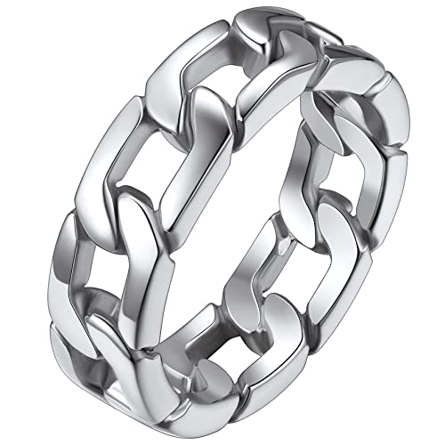 ChainsHouse Edelstahl herren Fingerring 6.4mm breit Panzerkette Ring in Größe 57 Partnerring Freundschaftsring Cuban Chain Fingerring Vintag Ring für Punker Hip pop Sänger Model von ChainsHouse