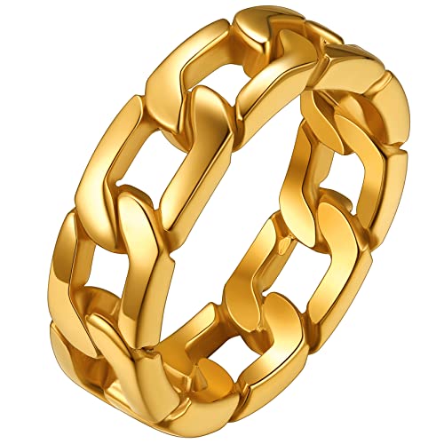 ChainsHouse gold herren Fingerring 6.4mm breit Panzerkette Ring in Größe 57 Partnerring Freundschaftsring Cuban Chain Fingerring Vintag Ring für Punker Hip pop Sänger Model von ChainsHouse