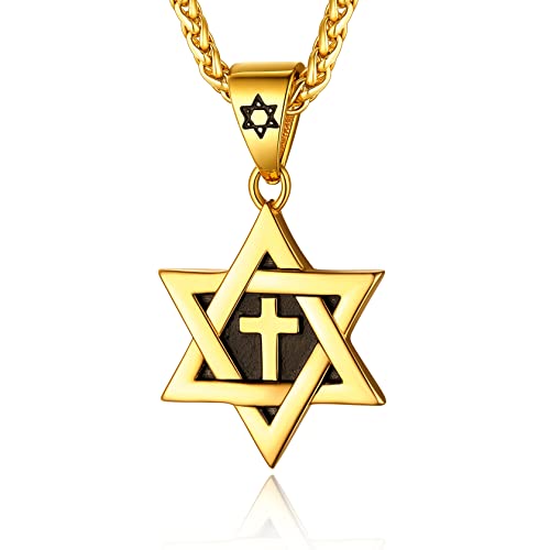 ChainsHouse Goldene Kette mit Davidstern Anhänger Damen Halskette Edelstahl Davidstern Kette Vergoldet Frauen Gold Hexagramm Anhänger mit Kreuz in der Mitte Amulett Modeschmuck für Judentum von ChainsHouse
