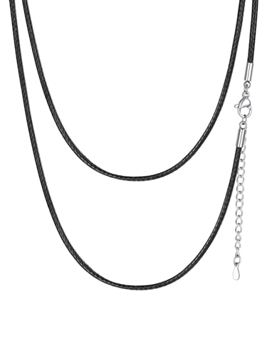 ChainsHouse Lederkette Damen Lederband Schwarz mit Karabinerverschluss Frauen Geflochtene Lederkette Schwarz Halskette Herren Wachsseilkette 1.5mm Lederhalsband Damen Kunstlederkette für Weihnachten von ChainsHouse