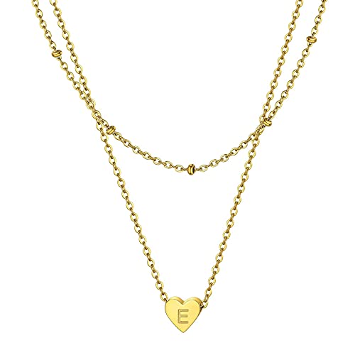 ChainsHouse Mehrreihige Kette, Damen Mädchen Layering Kette, Buchstabe E Anhänger, Doppelte Halskette mit Herz Anhänger Letter Schmuck für Freundin Ehefrau von ChainsHouse