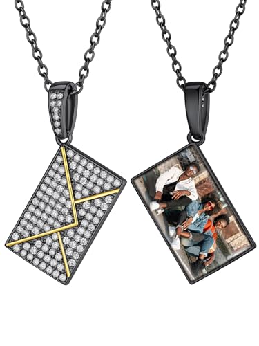 ChainsHouse Personalisierte Foto Halskette für Frauen Umschlagkette Schwarz Briefumschlag CZ Anhänger Kette mit Foto Medaillon zum Öffnen mit Bild Memorial Kette Umschlag Schmuck für Valentinstag von ChainsHouse
