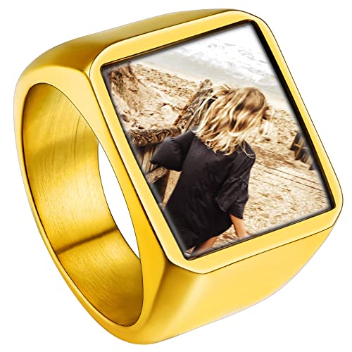 ChainsHouse Personalisierter Fingerring mit Bild Text Gravur DIY Bandring Siegelring Ring für Herren Damen Quadrat Bandring mit Gravur für Frauen Männer von ChainsHouse
