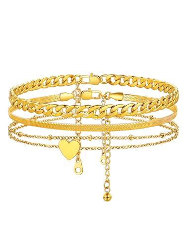 ChainsHouse Schlangekette Panzerkette Perlenkette mit Herz Fußkette Frauen Goldene Fußketten Damen Edelstahl Fußkettchen Set 3-Stück-Fußkette Gold Fußbändchen Fußschmuck für Jahrestag von ChainsHouse