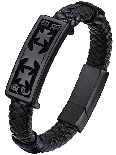 ChainsHouse Schwarz Armband für Herren Jungen 19cm lang Temperitter Kreuz Armband Kunstleder Armreif mit Geschenkebox für Geburtstag Vatertag Valentinstag von ChainsHouse