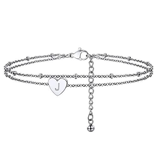 ChainsHouse Silber doppelte Fußkette Armkette mit Alphabet J Damen Mädchen Herz Fußkettchen Schönes Sommer Fußschmuck Armschmuck mit Geschenkebox für Valentinstag Party von ChainsHouse