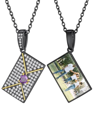 ChainsHouse Umschlagkette Halskette Frauen Memorial Umschlag Kette Schwarz Medaillon mit Bild Fotokette mit Briefumschlag Anhänger mit Geburtsstein CZ Envelope Personalisierter Schmuck für Freundin von ChainsHouse