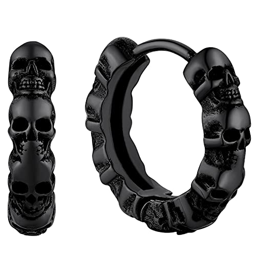 ChainsHouse schwarz Skull Schädel Huggie Hoop Ohrstecker Punk Totenkopf Creolen Ohrstecker Totenkopf für Weihnachten Halloween von ChainsHouse